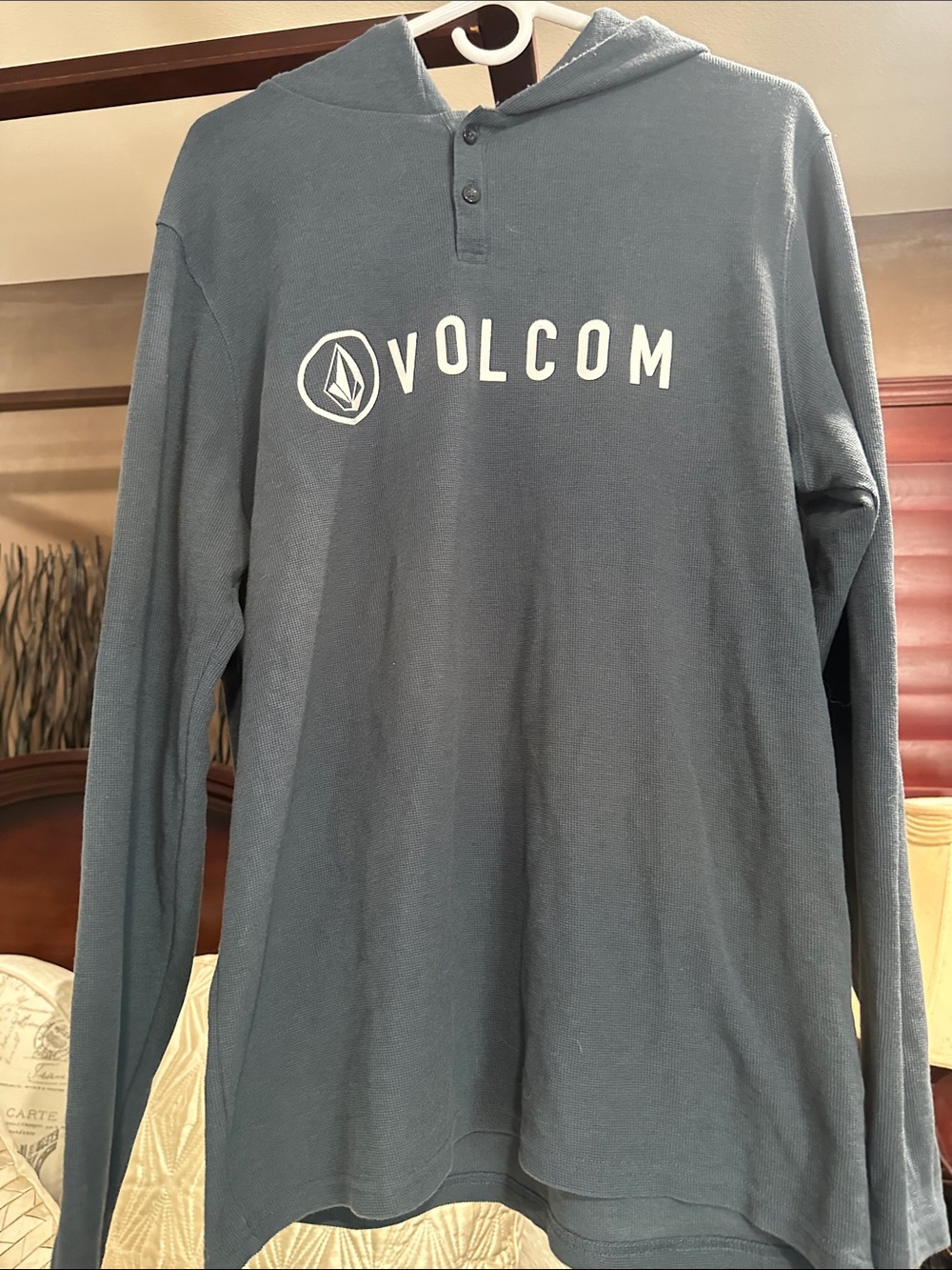 Volcom Hooded Long Sleeve Pullover in Slate Blue with Logo